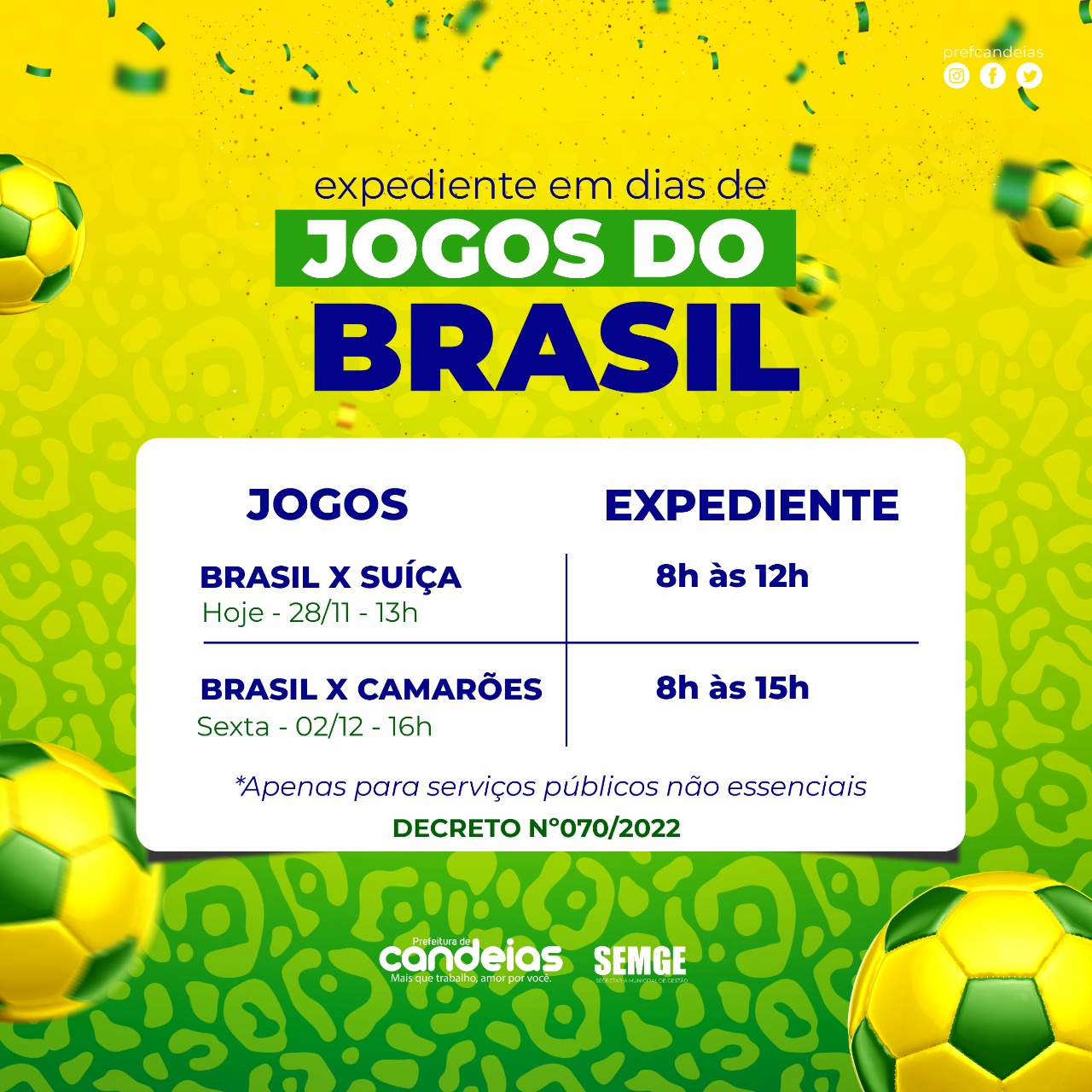 Prefeitura vai funcionar pela manhã em dias de jogos do Brasil na