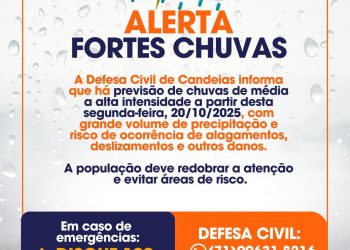 Candeias: Defesa Civil faz alerta de chuva forte a partir de segunda (20)